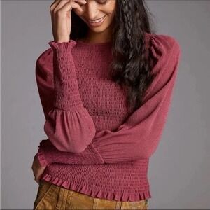ANTHROPOLOGIE  Puff Sleeved Smocked Blouse Top Women's‎ Raspberry Small